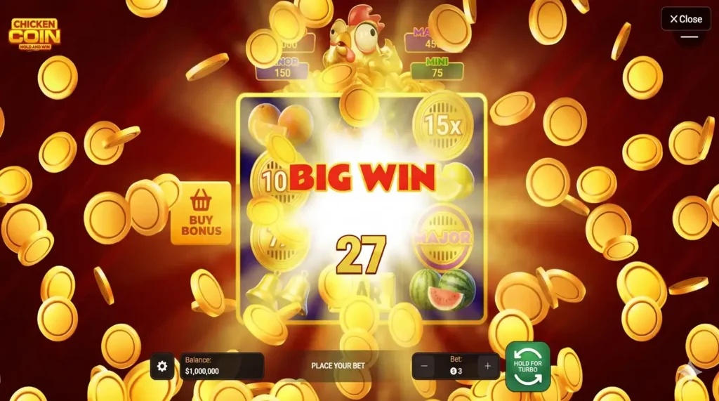 Chicken Coin slot oyununda ekranda 'BIG WIN' yazısı ve havada uçuşan altın paralarla kazanma anı.