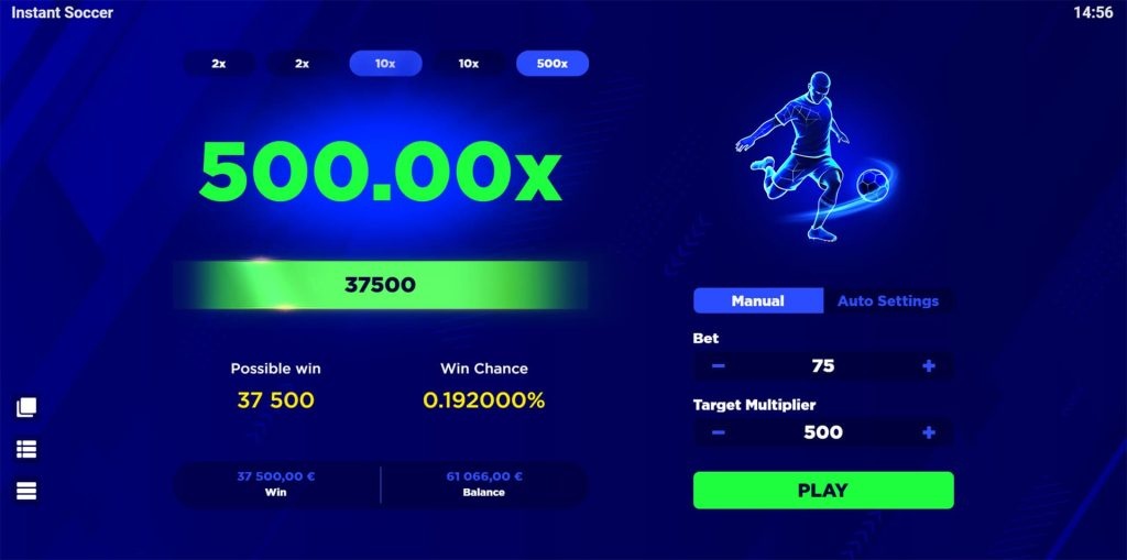 Koyu mavi arka plana sahip "Instant Soccer" çevrimiçi bahis oyunu arayüzü.