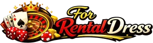 Siyah arka plan üzerinde 'For Rental Dress' yazılı casino temalı logo