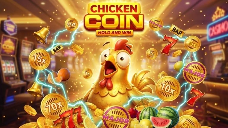 Chicken Coin: Hold and Win" casino oyununun renkli tanıtım logosu.